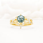 Nature-Inspired Hexagon Cut Moss Agate Engagement Ring Set - Yellow-Gold