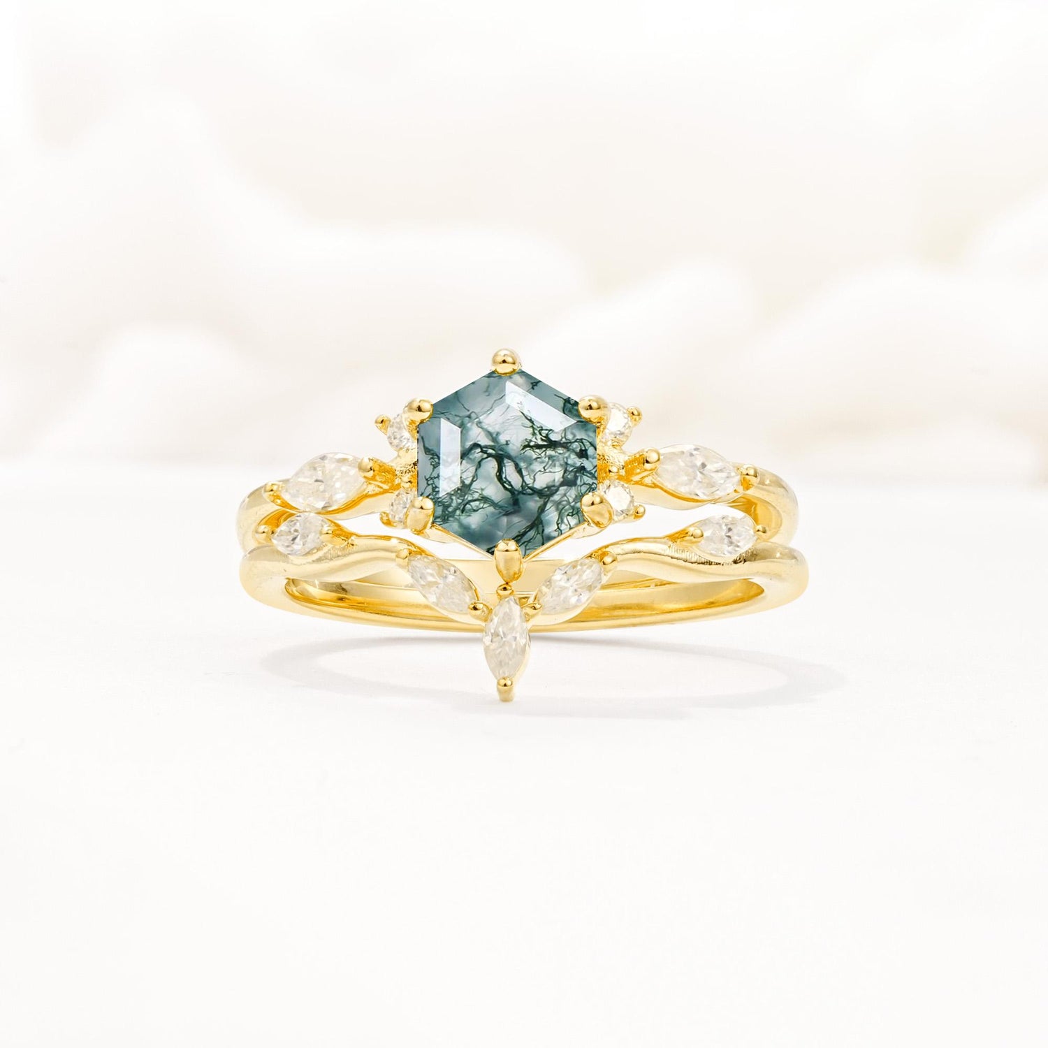 Nature-Inspired Hexagon Cut Moss Agate Engagement Ring Set - Yellow-Gold