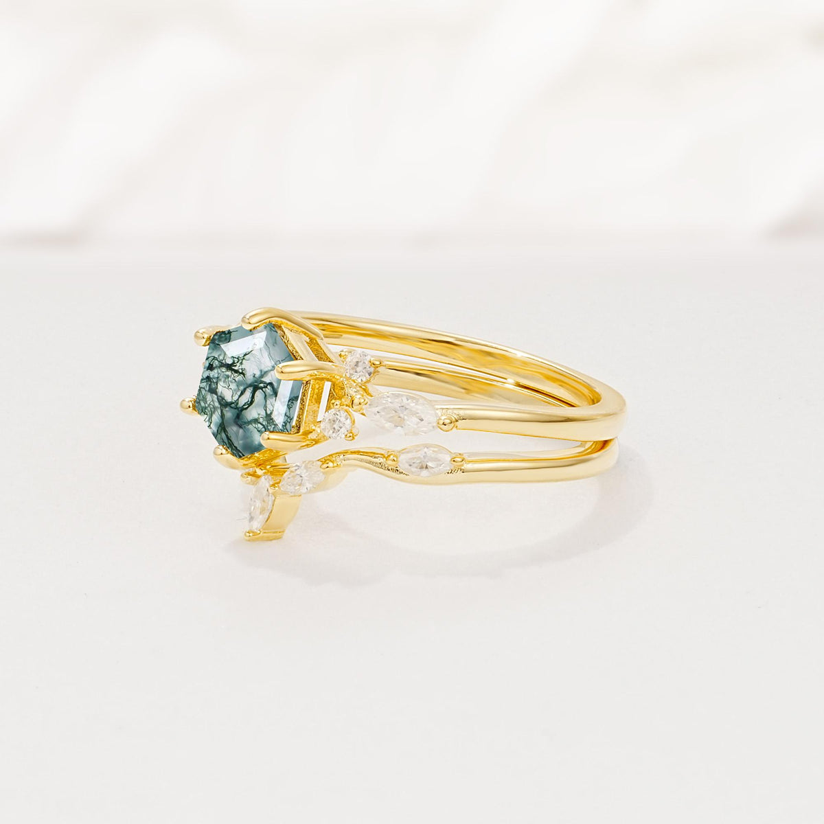 Nature-Inspired Hexagon Cut Moss Agate Engagement Ring Set - Rose-Gold