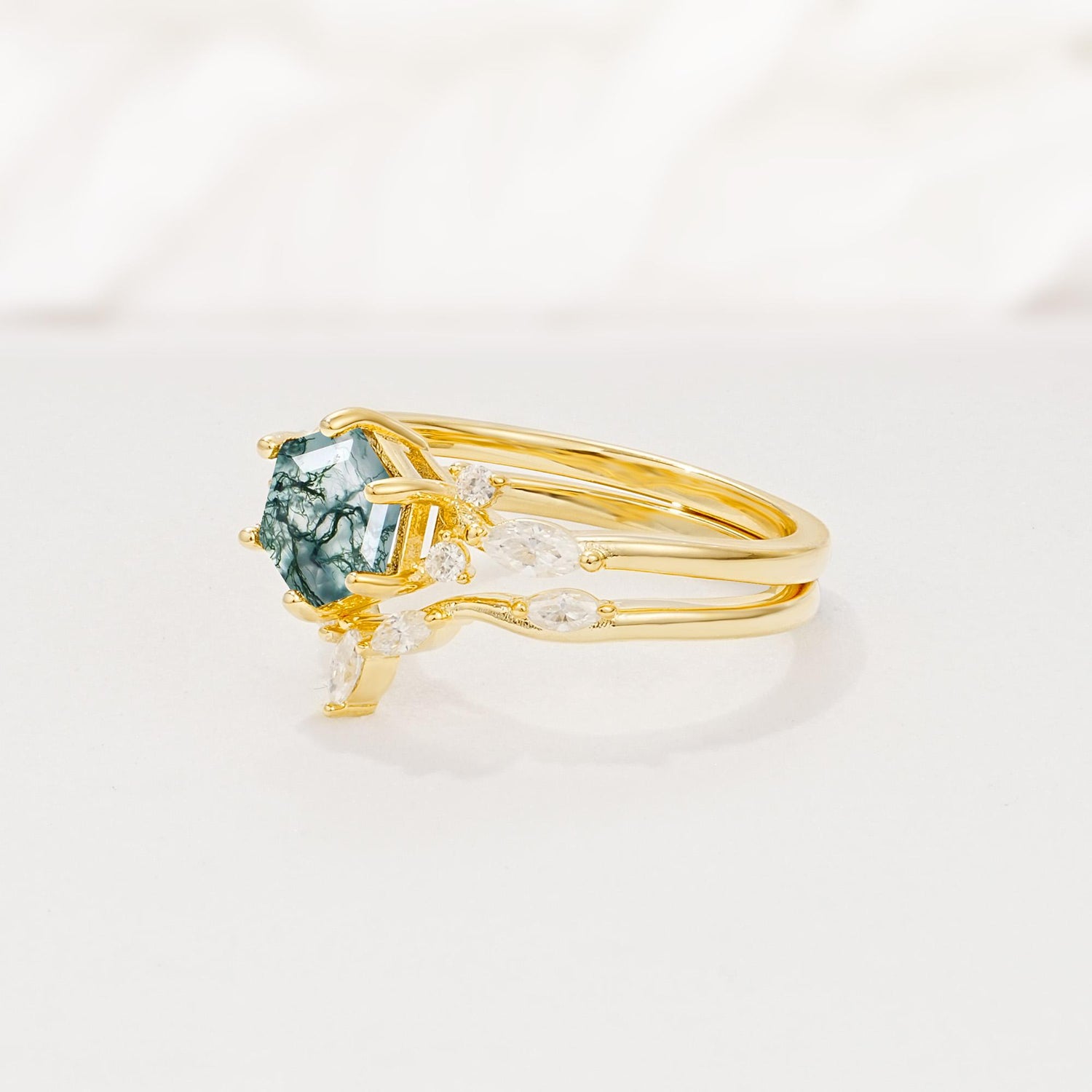 Nature-Inspired Hexagon Cut Moss Agate Engagement Ring Set - Rose-Gold