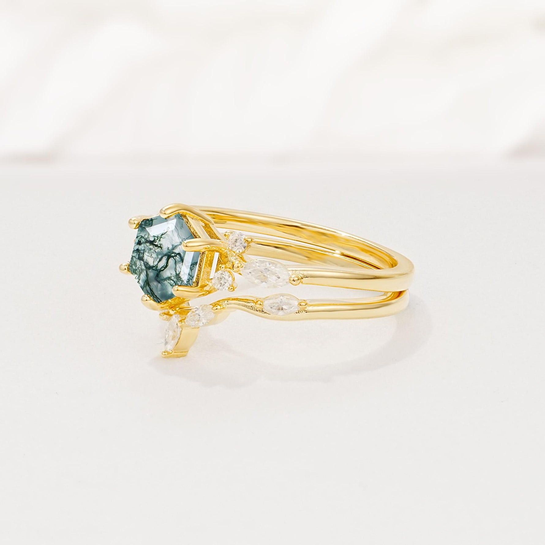 Nature-Inspired Hexagon Cut Moss Agate Engagement Ring Set - Rose-Gold