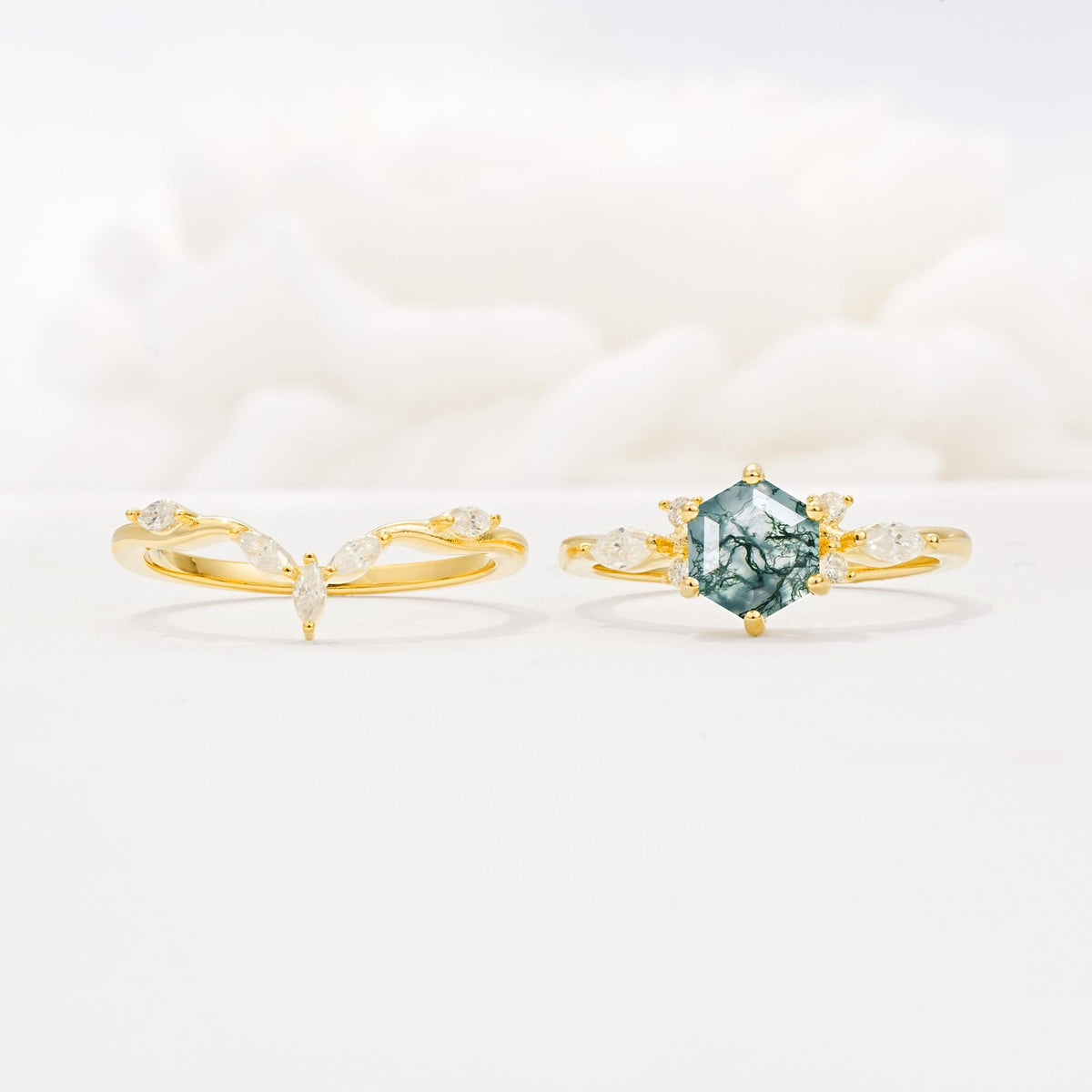 Nature-Inspired Hexagon Cut Moss Agate Engagement Ring Set - White-Gold