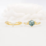 Nature-Inspired Hexagon Cut Moss Agate Engagement Ring Set - White-Gold