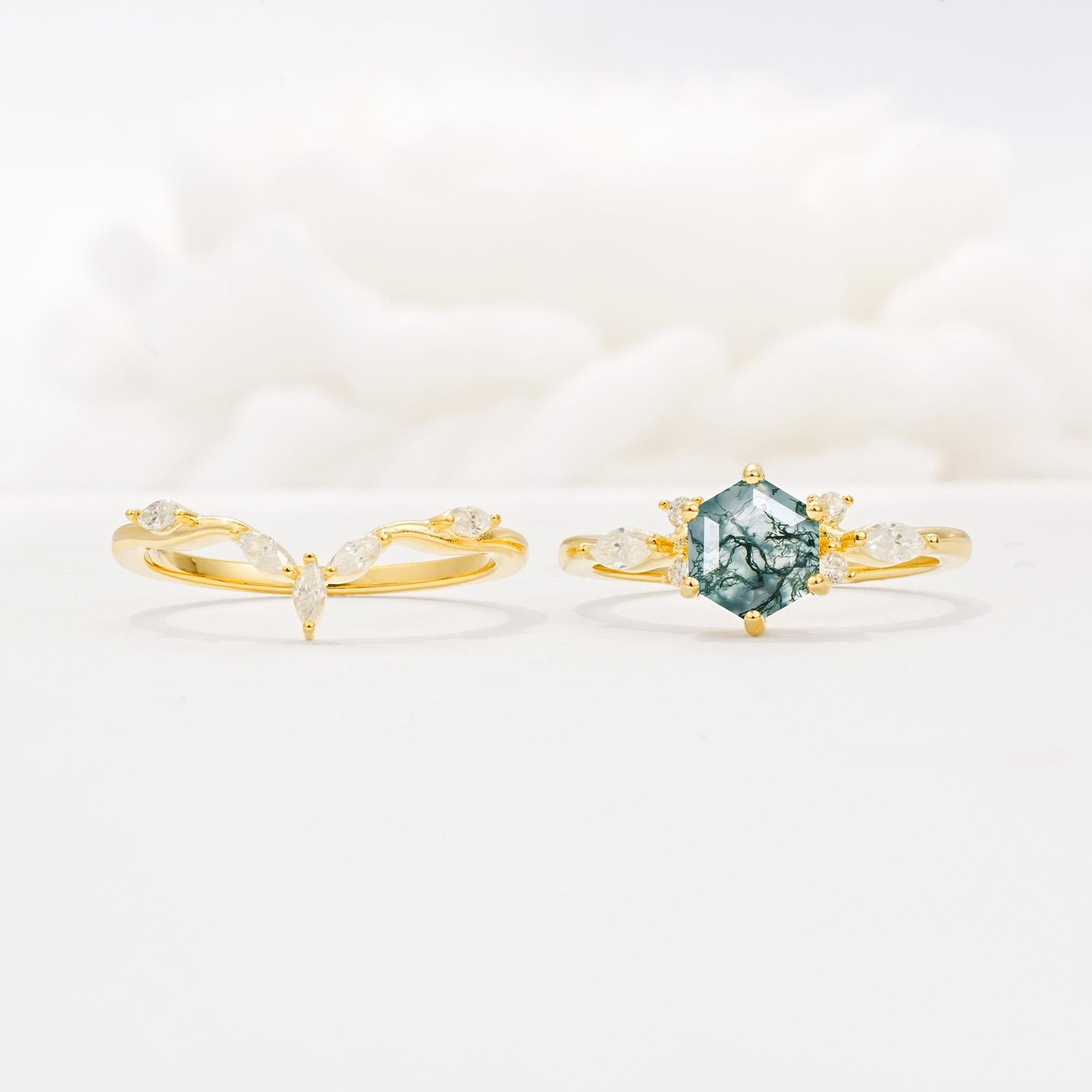 Nature-Inspired Hexagon Cut Moss Agate Engagement Ring Set - White-Gold