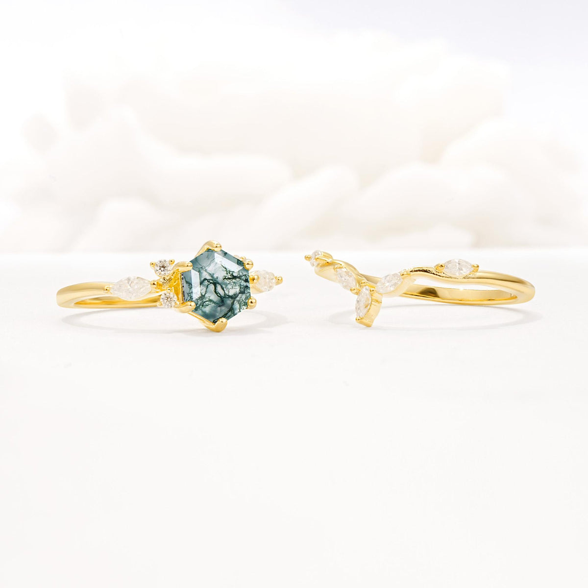 Nature-Inspired Hexagon Cut Moss Agate Engagement Ring Set - Additional view