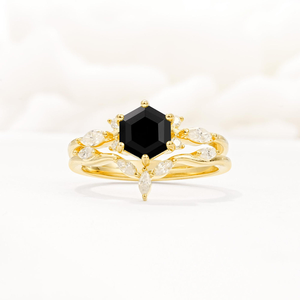Nature-Inspired Hexagon Cut Black Onyx Engagement Ring Set - Yellow-Gold