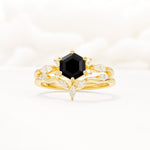 Nature-Inspired Hexagon Cut Black Onyx Engagement Ring Set - Yellow-Gold
