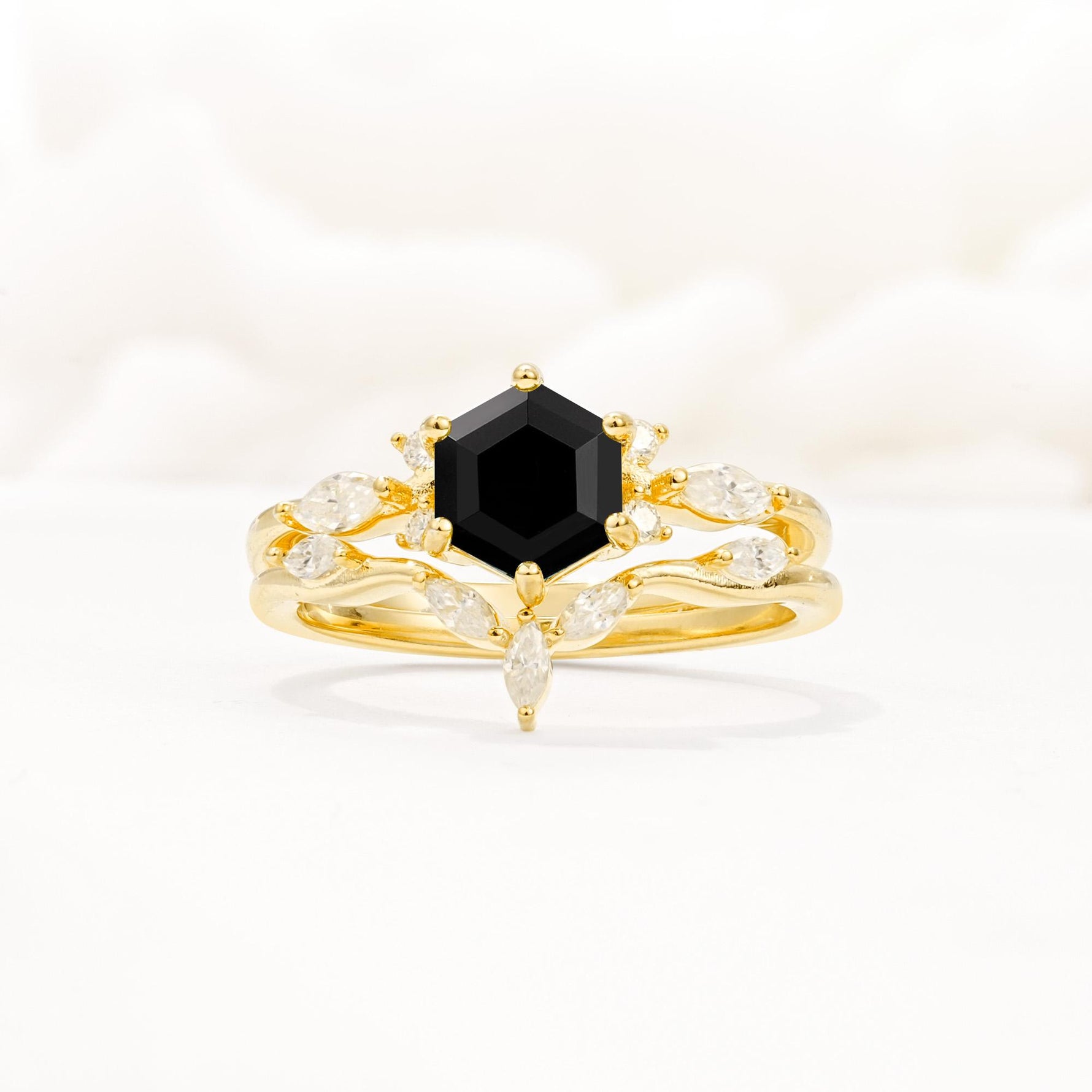 Nature-Inspired Hexagon Cut Black Onyx Engagement Ring Set - Yellow-Gold