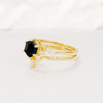 Nature-Inspired Hexagon Cut Black Onyx Engagement Ring Set - Rose-Gold