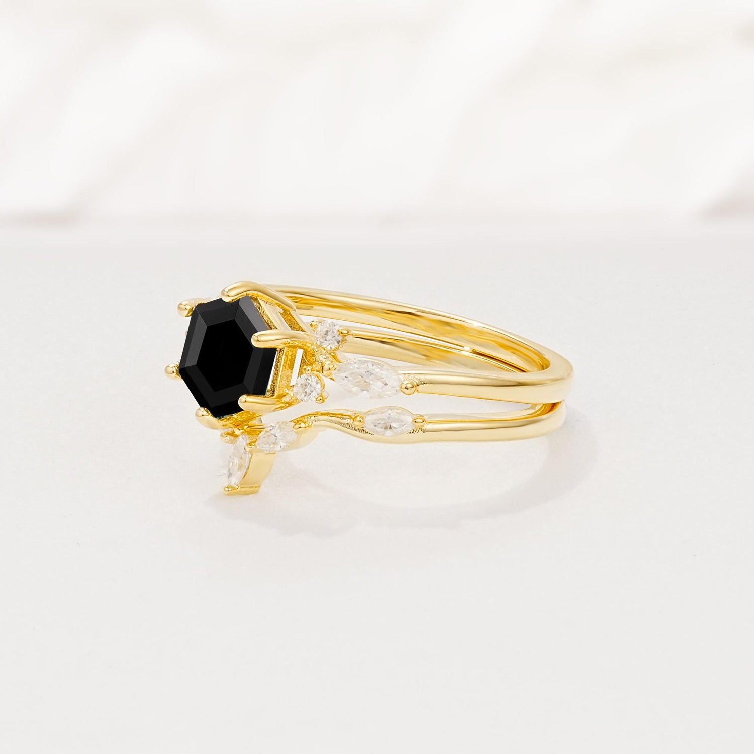 Nature-Inspired Hexagon Cut Black Onyx Engagement Ring Set - Rose-Gold