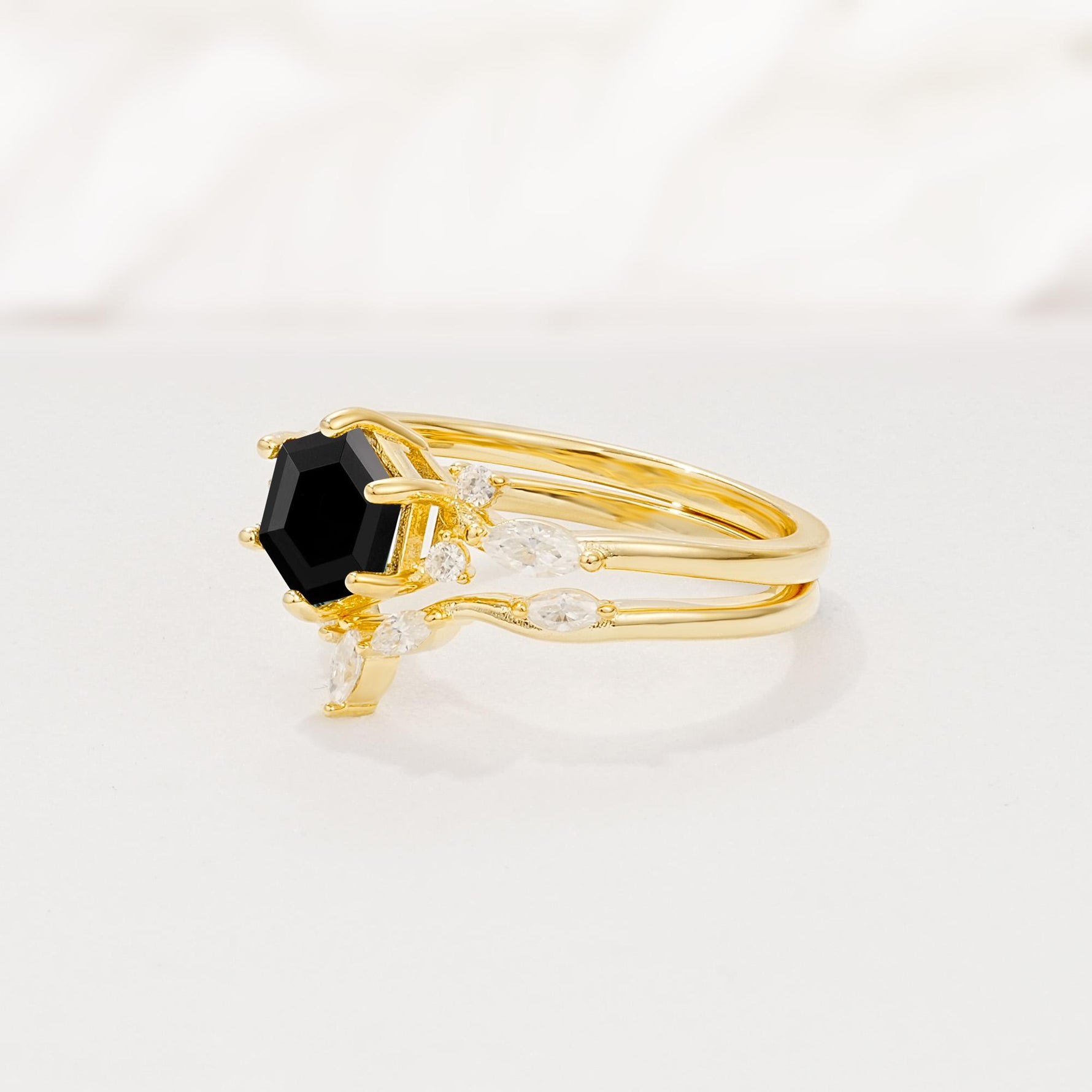 Nature-Inspired Hexagon Cut Black Onyx Engagement Ring Set - Rose-Gold