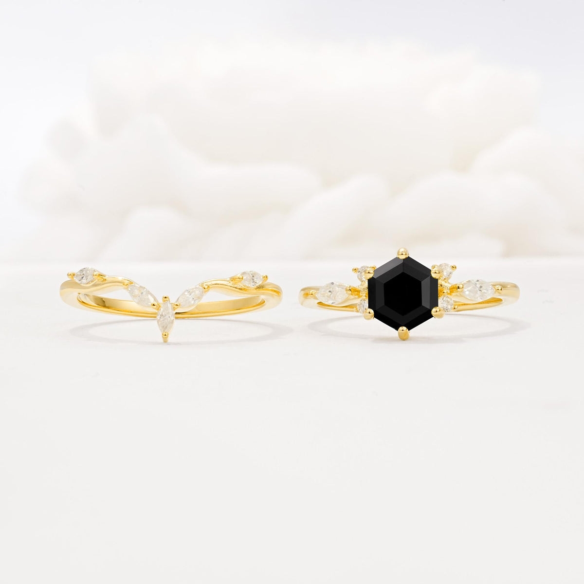 Nature-Inspired Hexagon Cut Black Onyx Engagement Ring Set - White-Gold