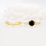 Nature-Inspired Hexagon Cut Black Onyx Engagement Ring Set - White-Gold