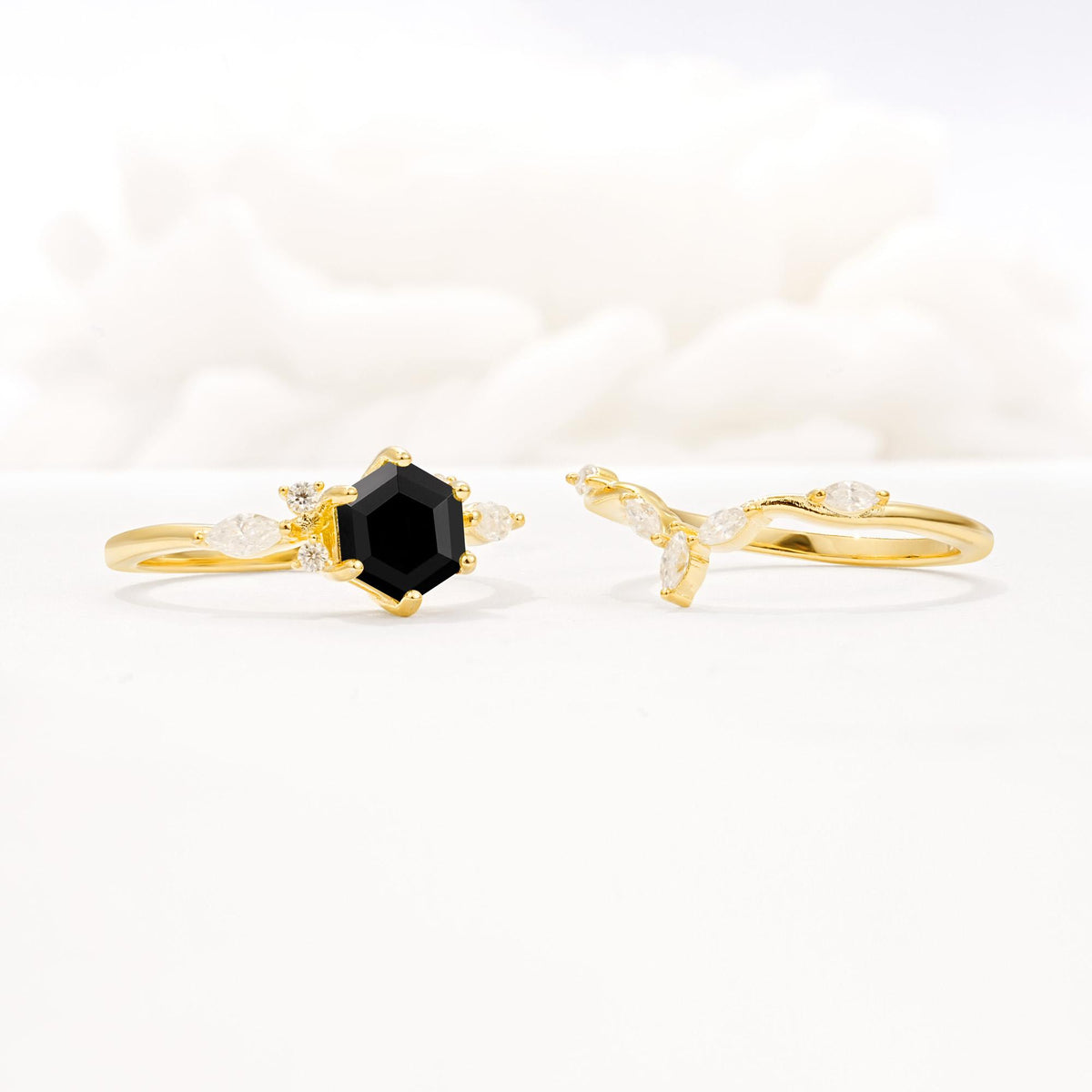Nature-Inspired Hexagon Cut Black Onyx Engagement Ring Set - Additional view