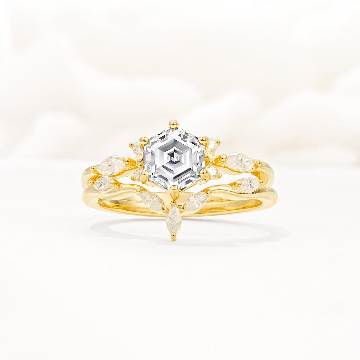 Nature-Inspired Hexagon Cut Lab Diamond Engagement Ring Set - Yellow-Gold