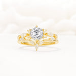 Nature-Inspired Hexagon Cut Lab Diamond Engagement Ring Set - Yellow-Gold