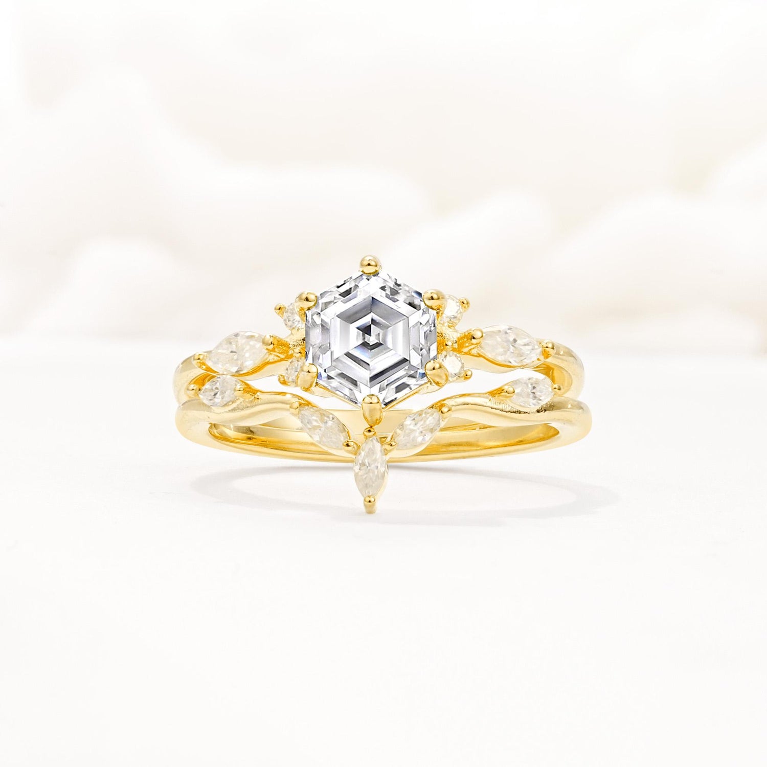 Nature-Inspired Hexagon Cut Lab Diamond Engagement Ring Set - Yellow-Gold