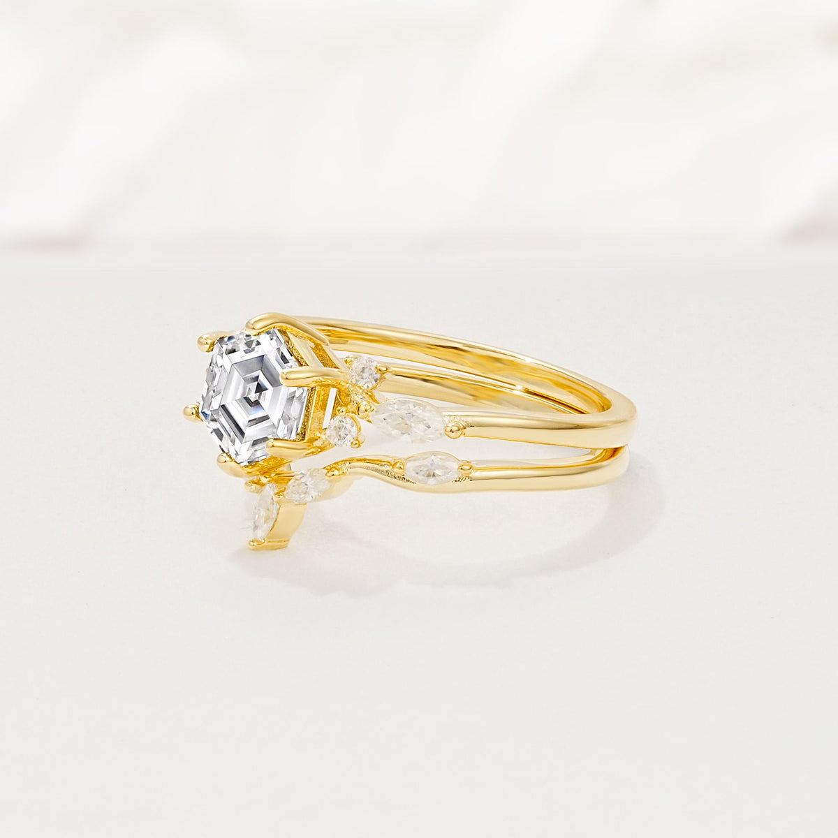 Nature-Inspired Hexagon Cut Lab Diamond Engagement Ring Set - Rose-Gold
