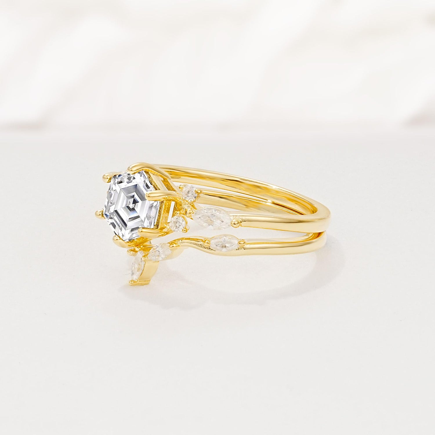 Nature-Inspired Hexagon Cut Lab Diamond Engagement Ring Set - Rose-Gold
