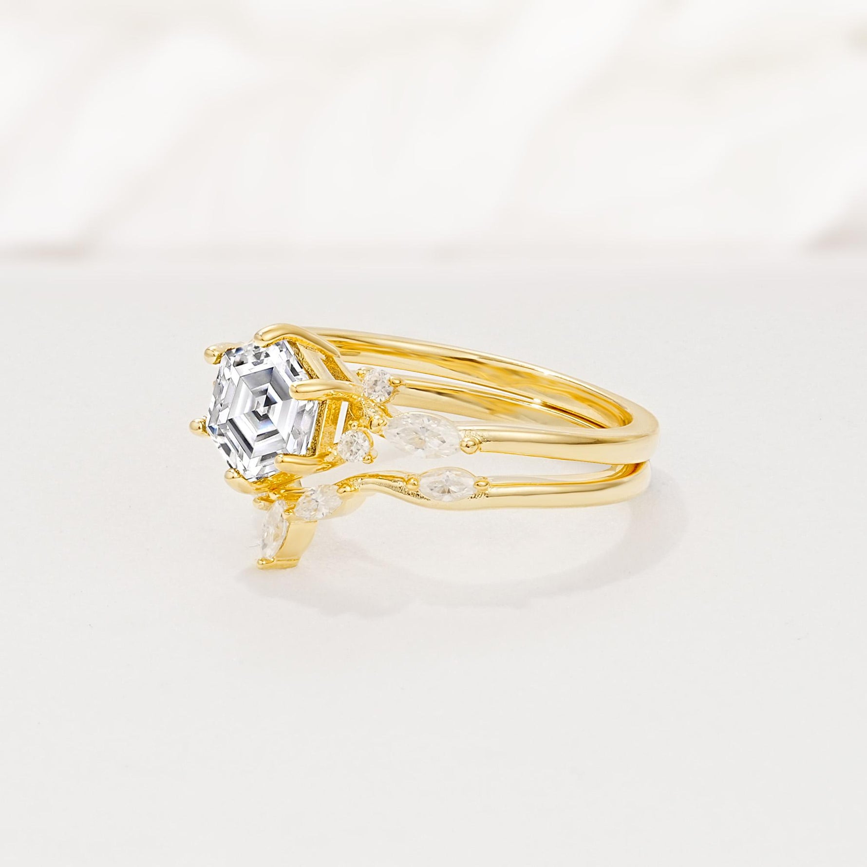 Nature-Inspired Hexagon Cut Lab Diamond Engagement Ring Set - Rose-Gold