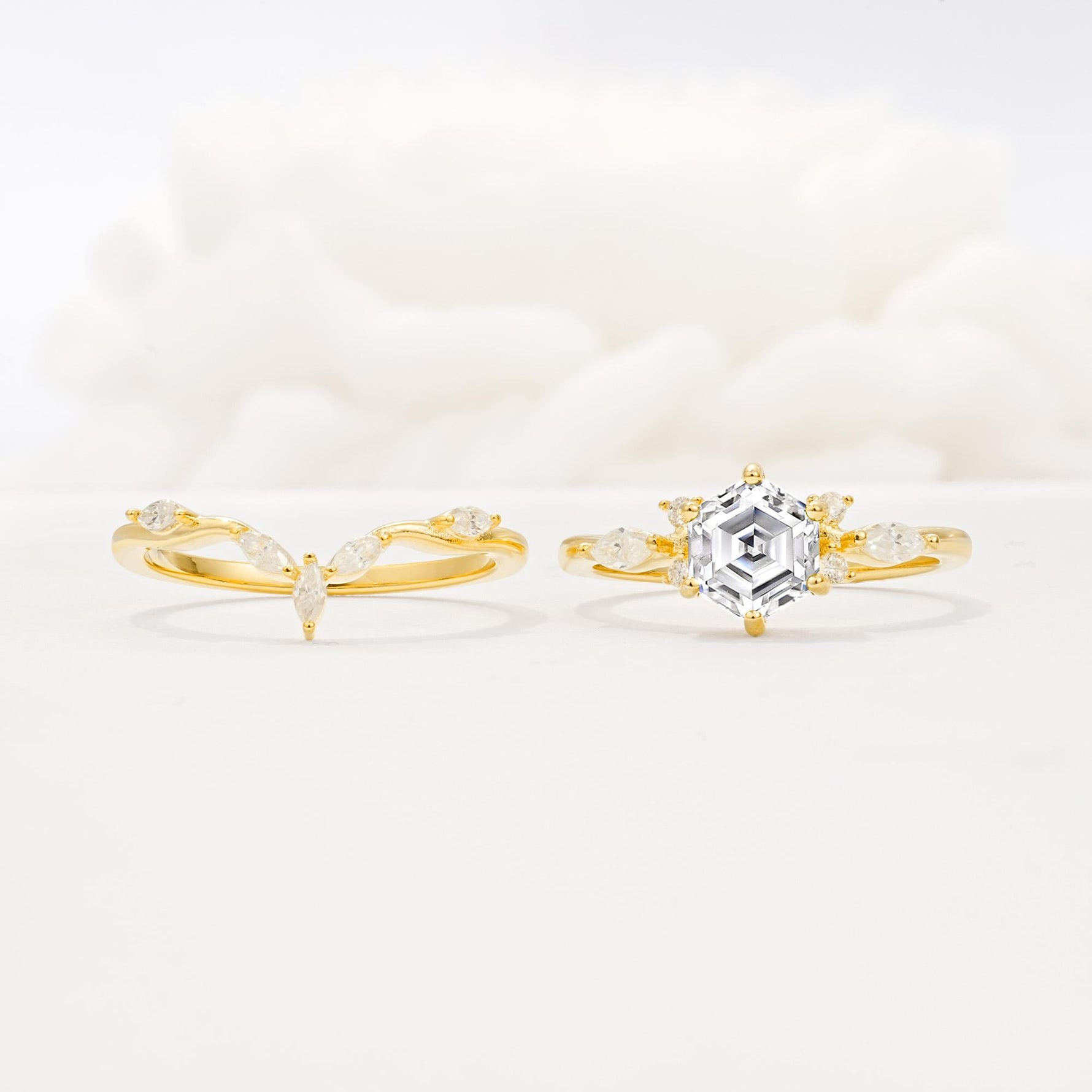 Nature-Inspired Hexagon Cut Lab Diamond Engagement Ring Set - White-Gold