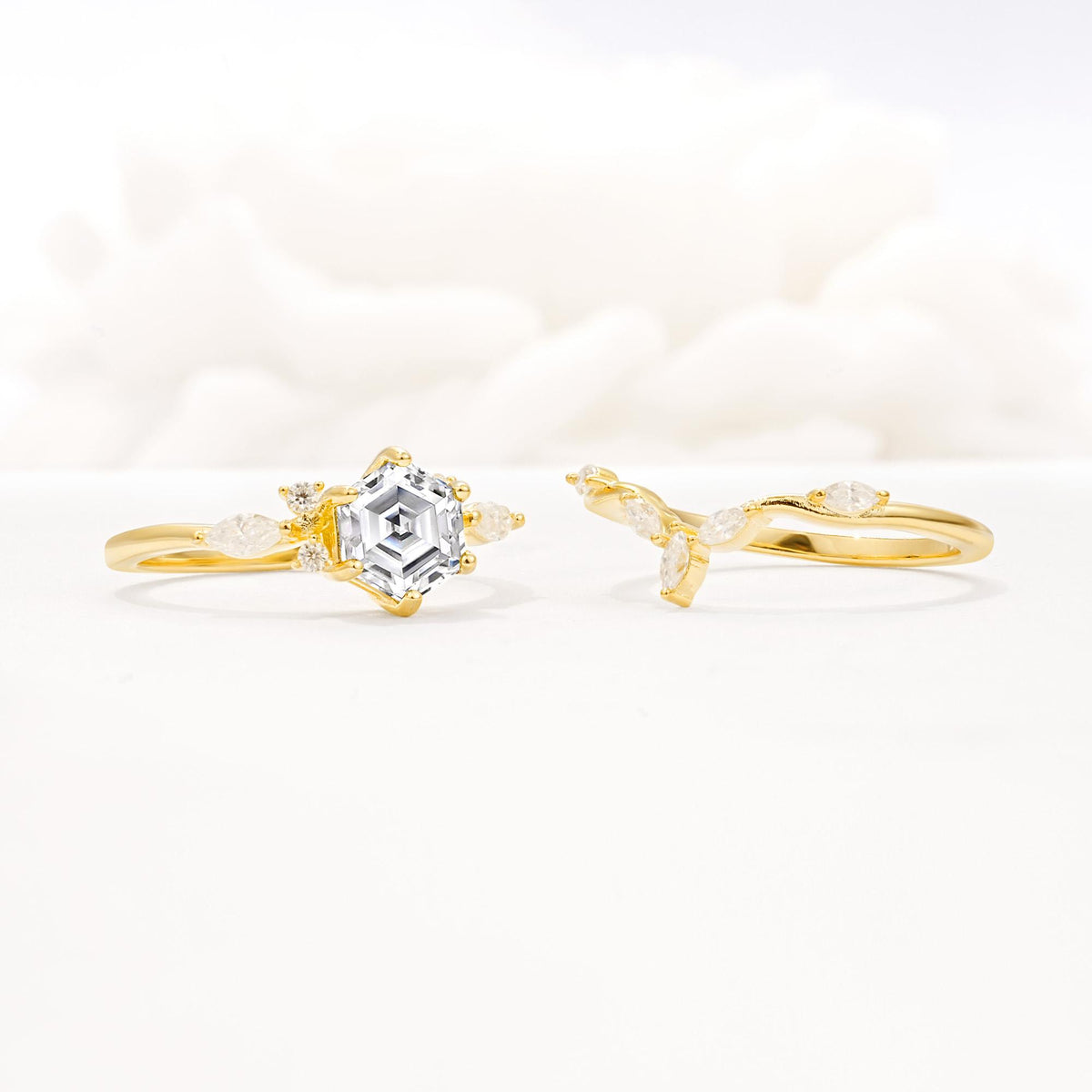 Nature-Inspired Hexagon Cut Lab Diamond Engagement Ring Set - Additional view