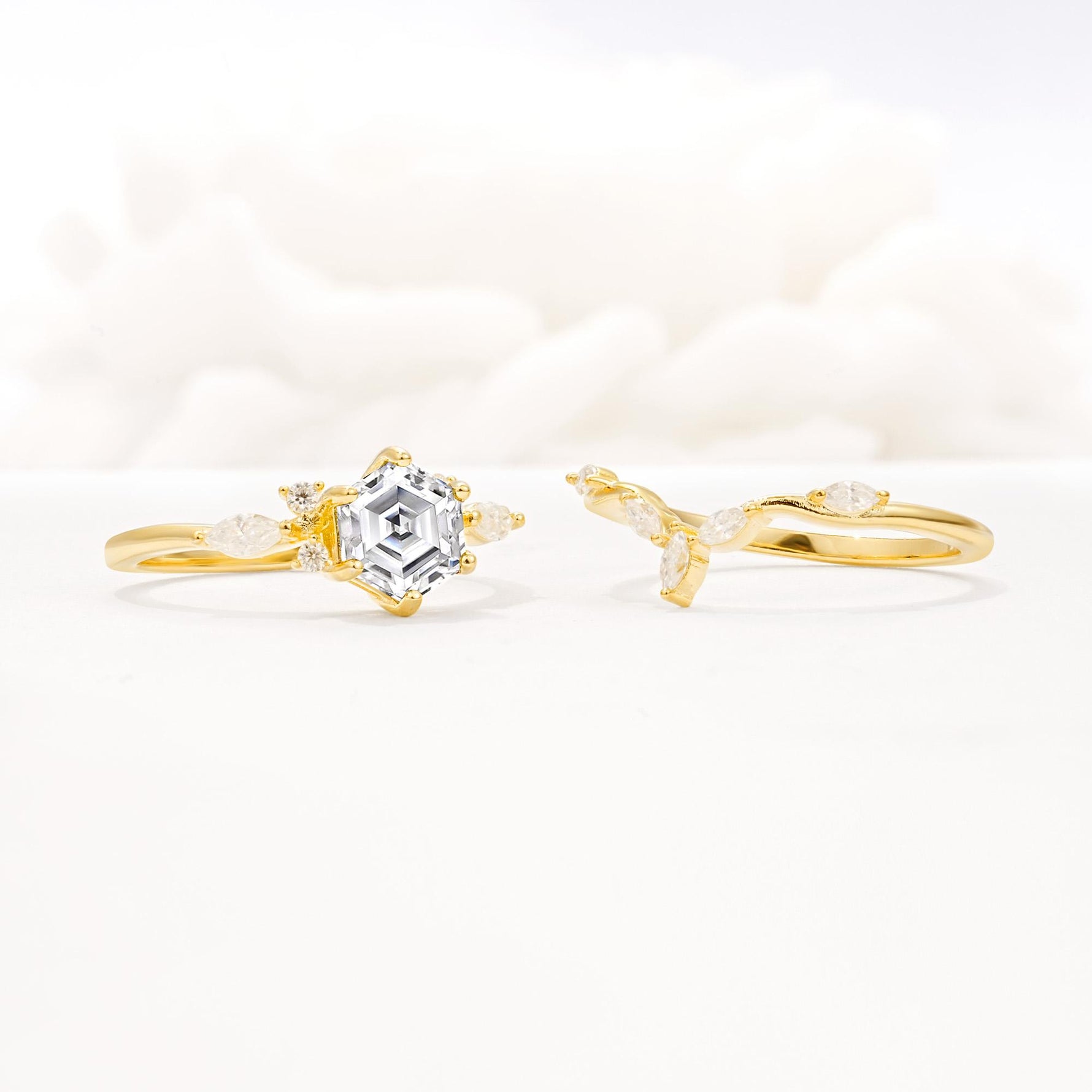 Nature-Inspired Hexagon Cut Lab Diamond Engagement Ring Set - Additional view