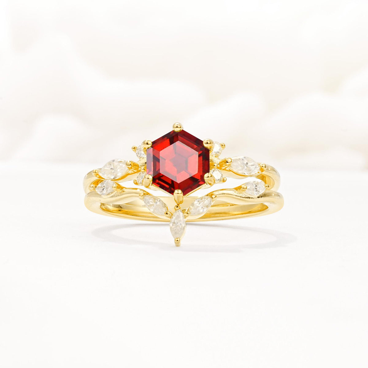 Nature-Inspired Hexagon Cut Garnet Engagement Ring Set - Yellow-Gold