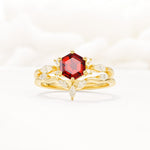 Nature-Inspired Hexagon Cut Garnet Engagement Ring Set - Yellow-Gold