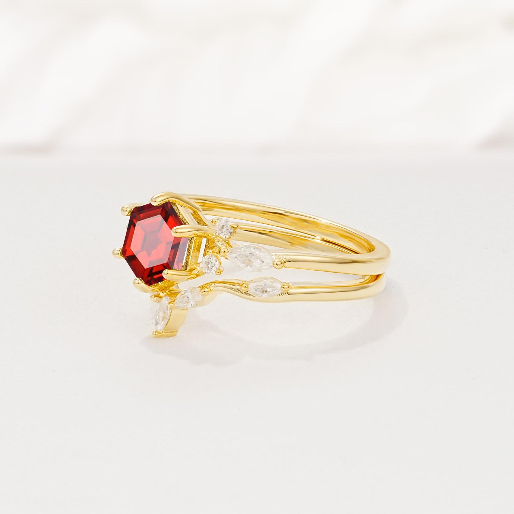 Nature-Inspired Hexagon Cut Garnet Engagement Ring Set - Rose-Gold
