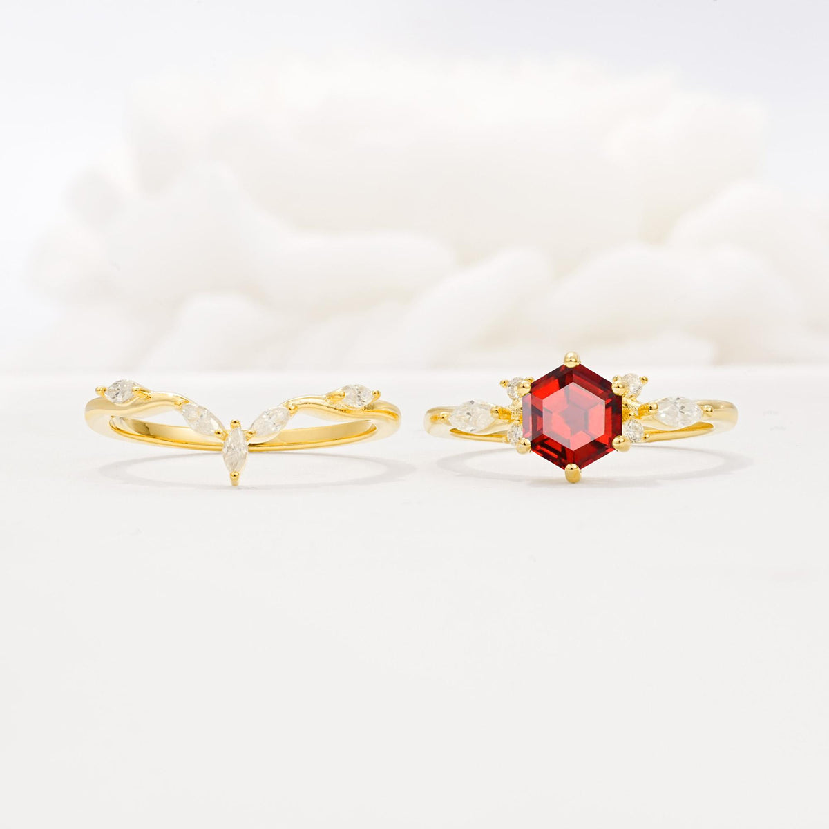 Nature-Inspired Hexagon Cut Garnet Engagement Ring Set - White-Gold
