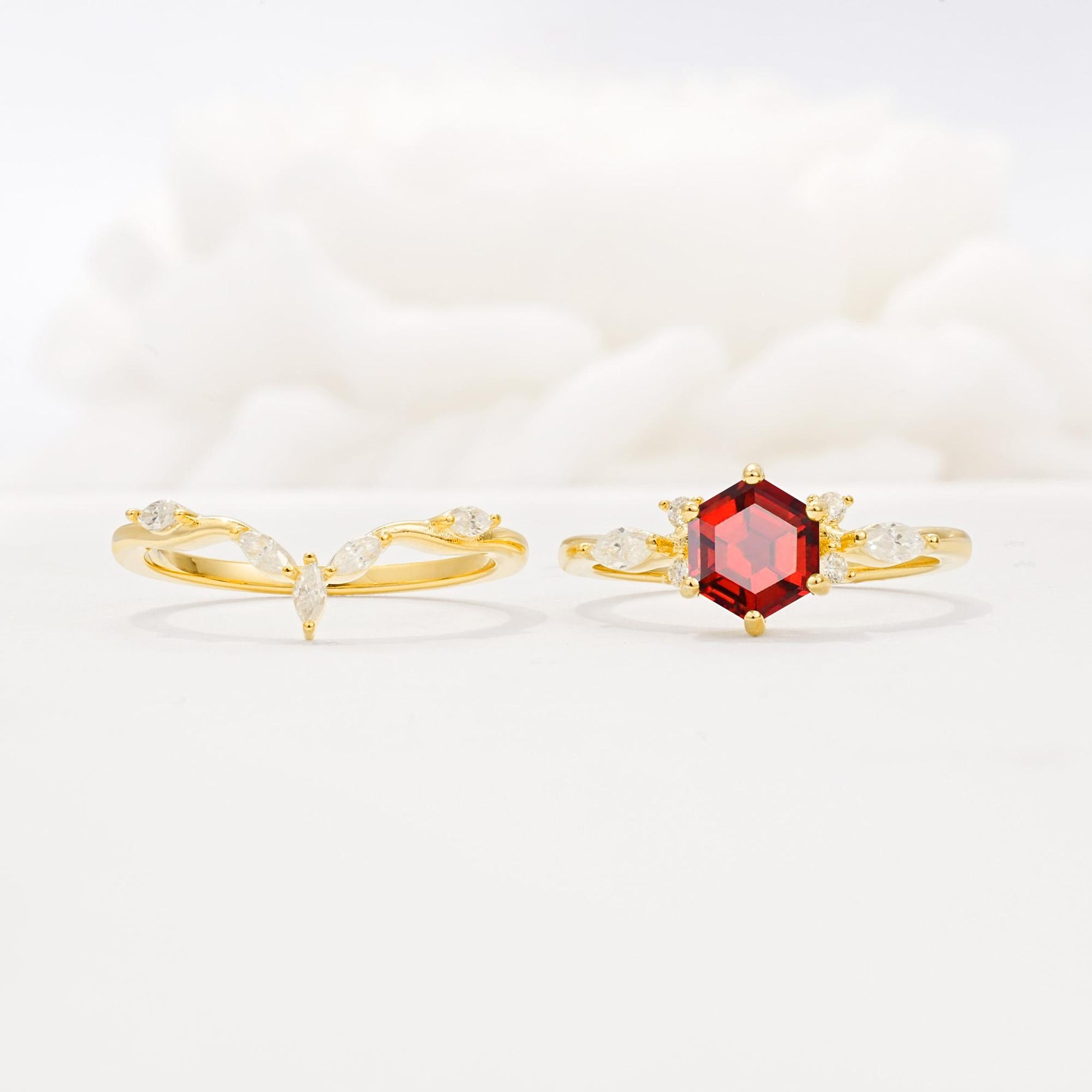 Nature-Inspired Hexagon Cut Garnet Engagement Ring Set - White-Gold