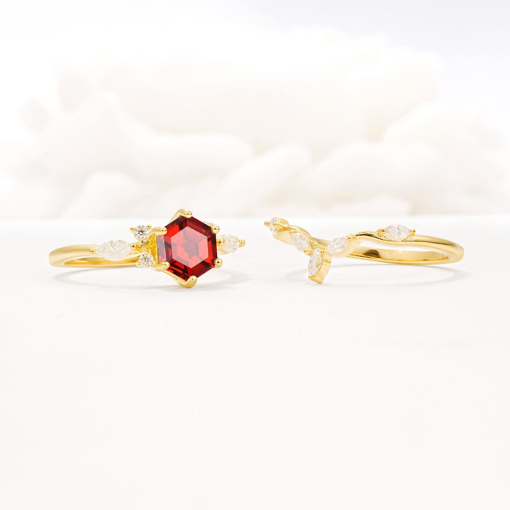 Nature-Inspired Hexagon Cut Garnet Engagement Ring Set - Additional view