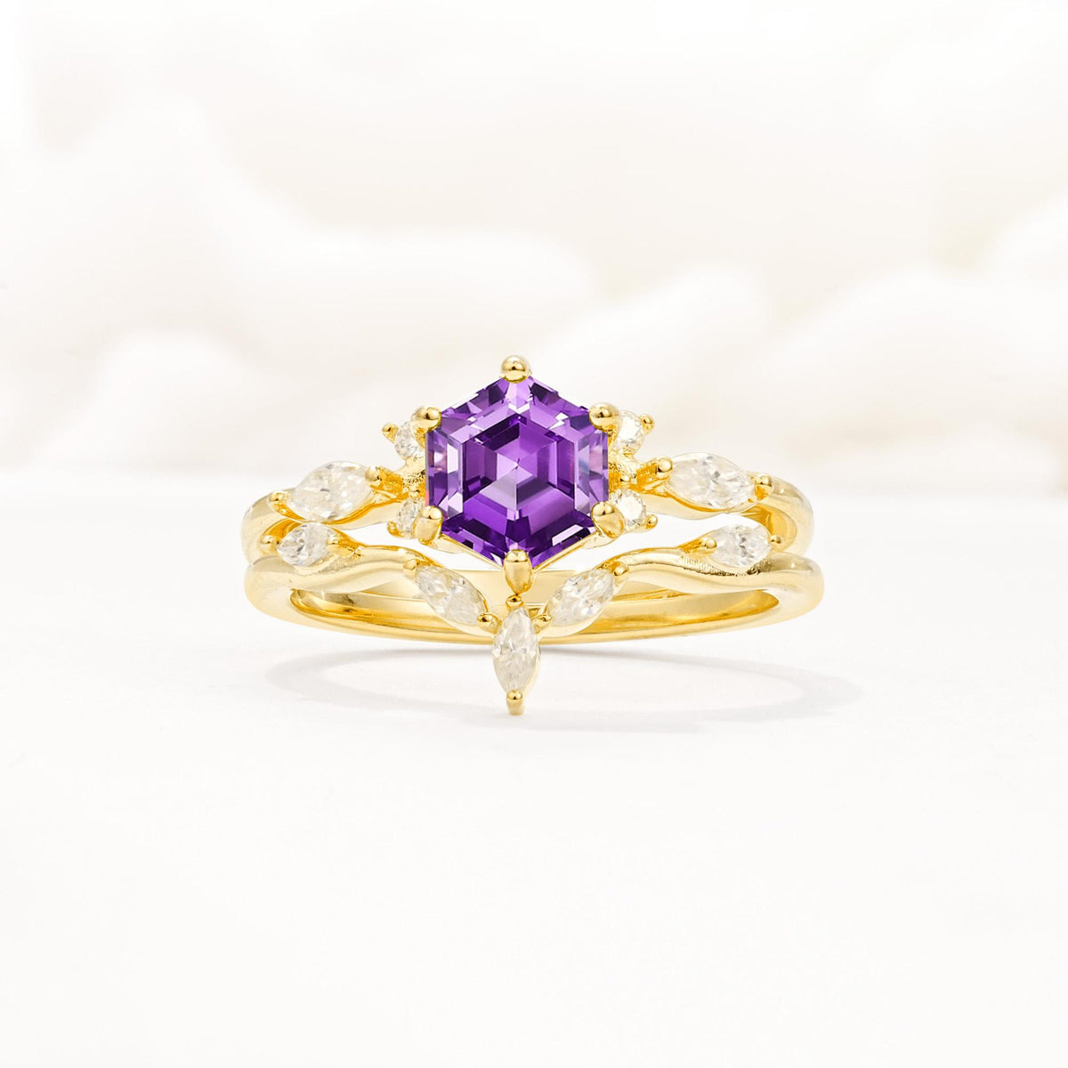 Nature-Inspired Hexagon Cut Amethyst Engagement Ring Set - Yellow-Gold