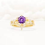 Nature-Inspired Hexagon Cut Amethyst Engagement Ring Set - Yellow-Gold