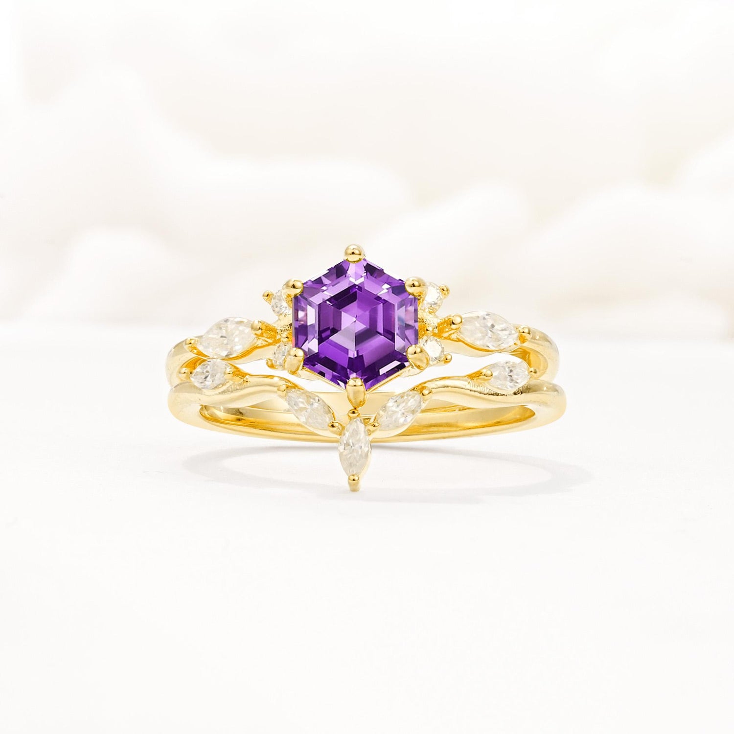 Nature-Inspired Hexagon Cut Amethyst Engagement Ring Set - Yellow-Gold