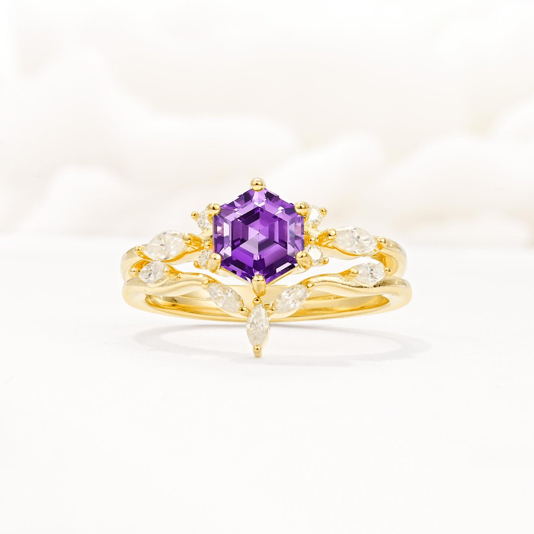 Nature-Inspired Hexagon Cut Amethyst Engagement Ring Set - Yellow-Gold