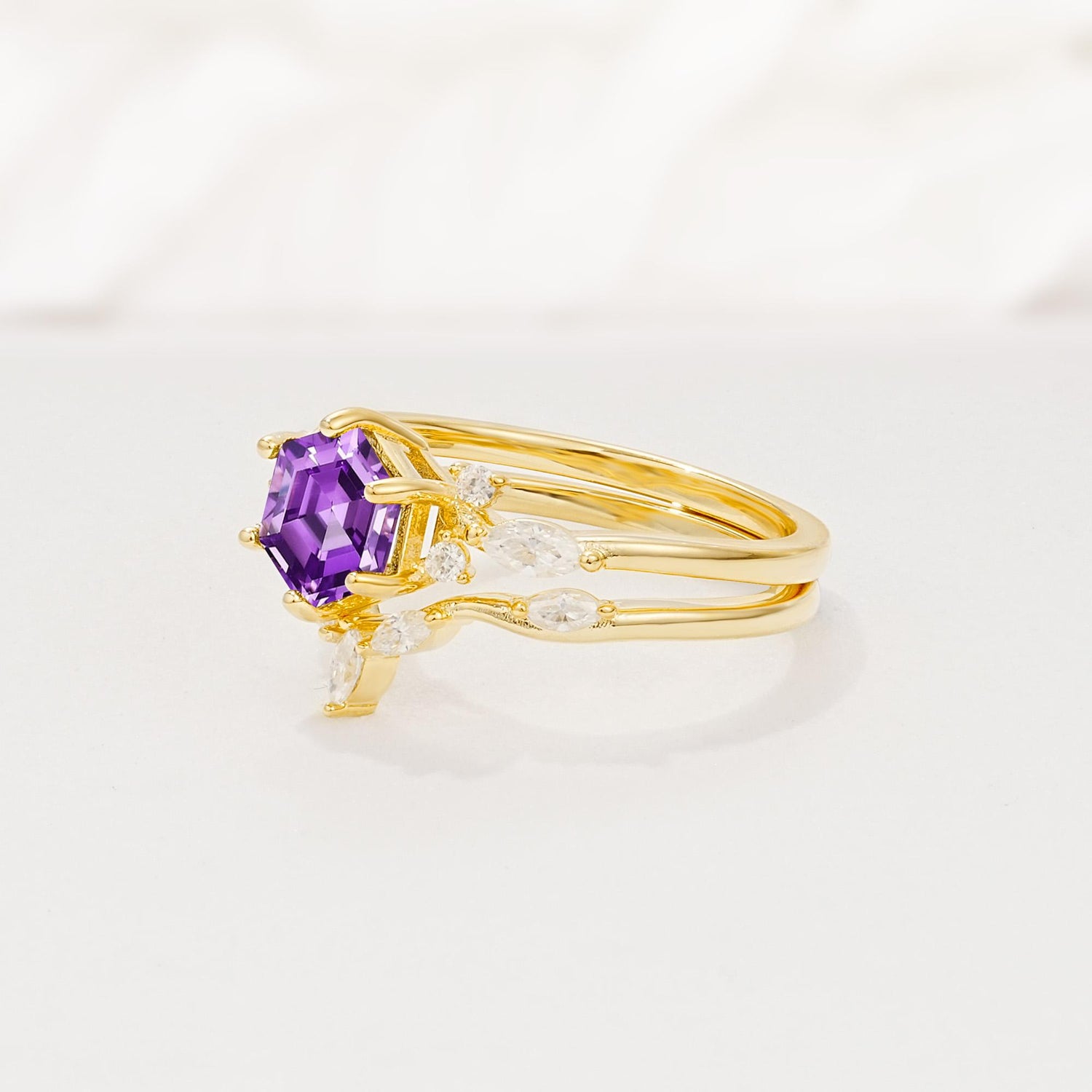 Nature-Inspired Hexagon Cut Amethyst Engagement Ring Set - Rose-Gold