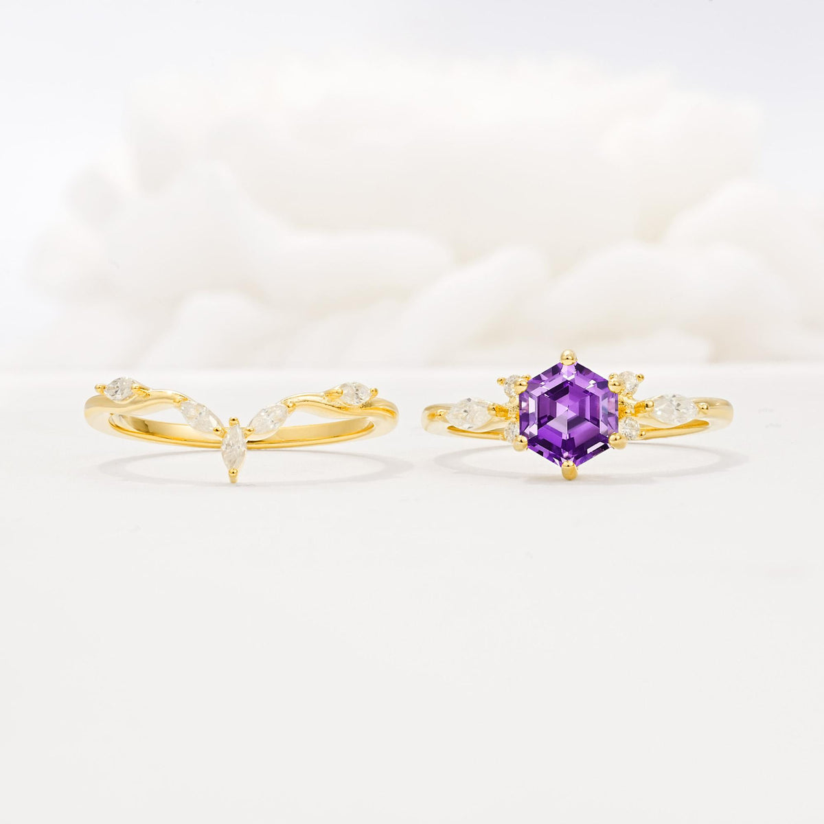 Nature-Inspired Hexagon Cut Amethyst Engagement Ring Set - White-Gold