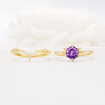 Nature-Inspired Hexagon Cut Amethyst Engagement Ring Set - White-Gold