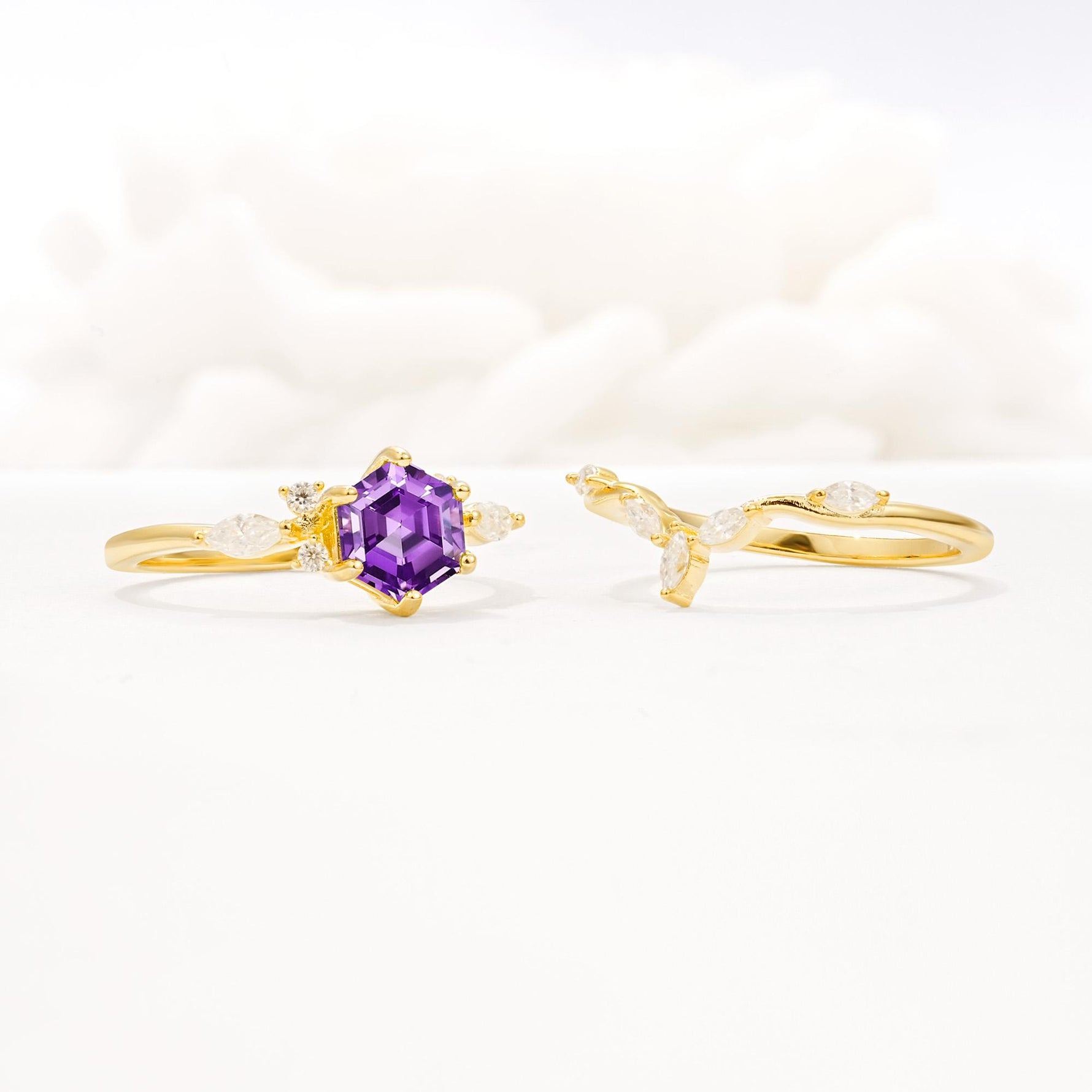 Nature-Inspired Hexagon Cut Amethyst Engagement Ring Set - Additional view