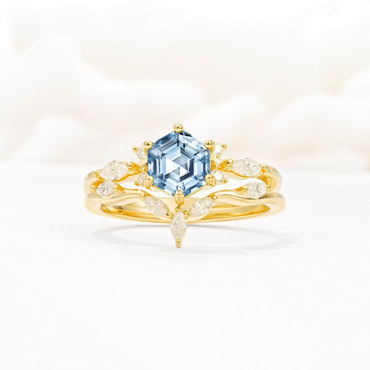 Nature-Inspired Hexagon Cut Aquamarine Engagement Ring Set - Yellow-Gold