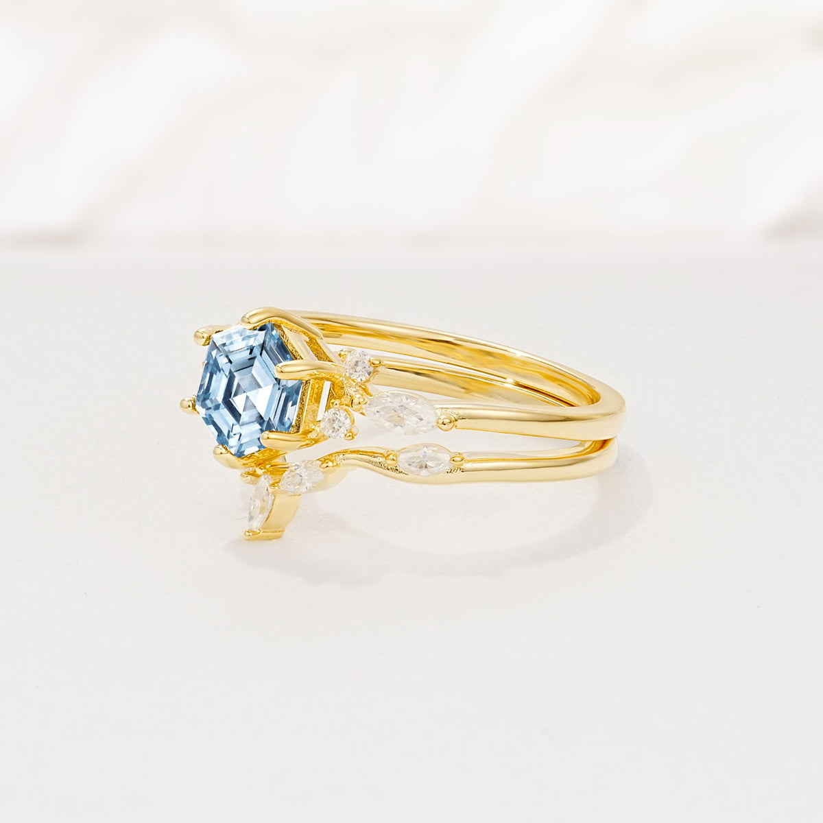 Nature-Inspired Hexagon Cut Aquamarine Engagement Ring Set - Rose-Gold