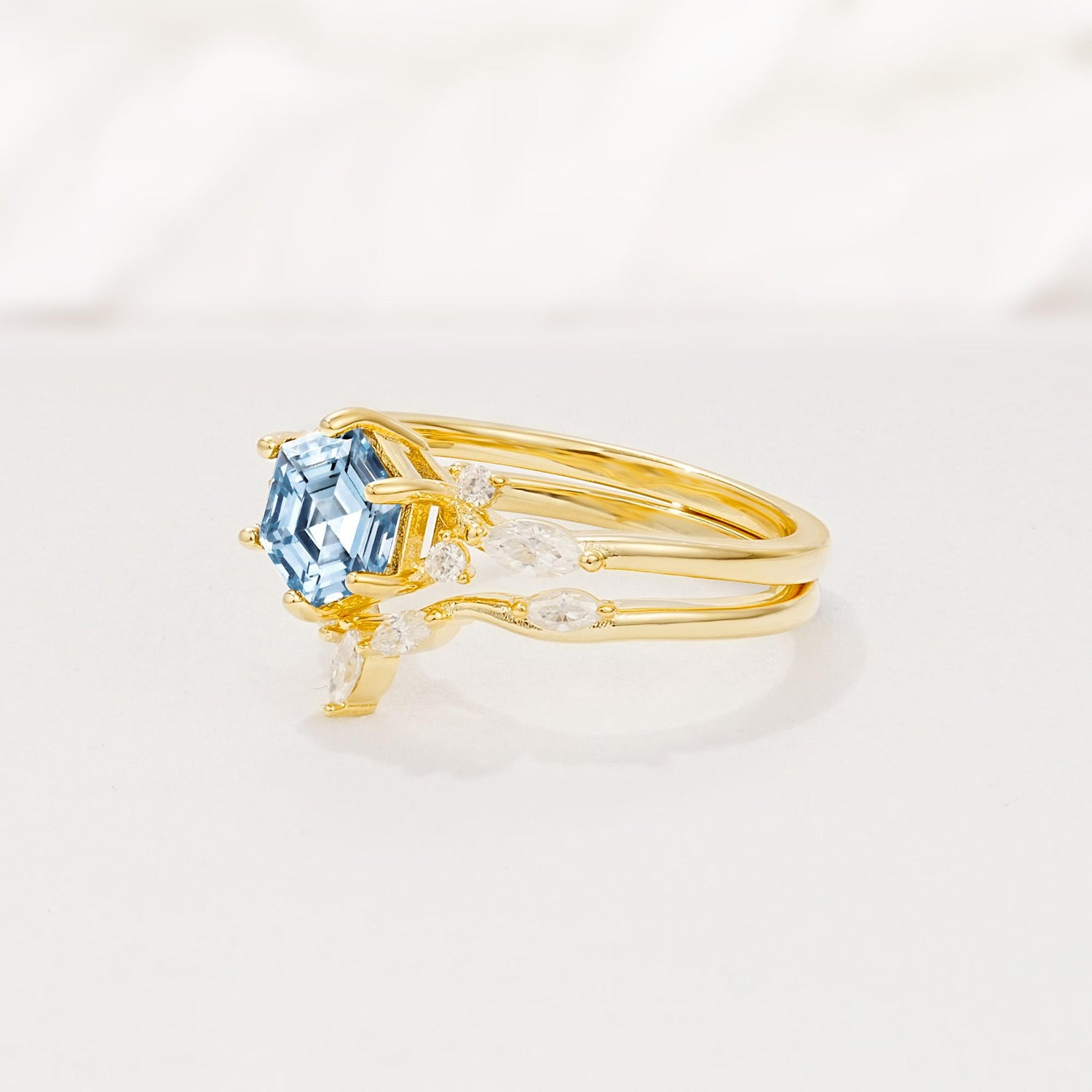 Nature-Inspired Hexagon Cut Aquamarine Engagement Ring Set - Rose-Gold