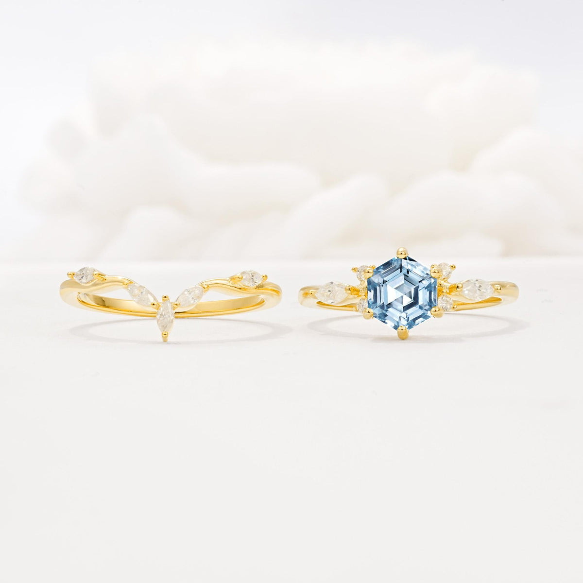 Nature-Inspired Hexagon Cut Aquamarine Engagement Ring Set - White-Gold
