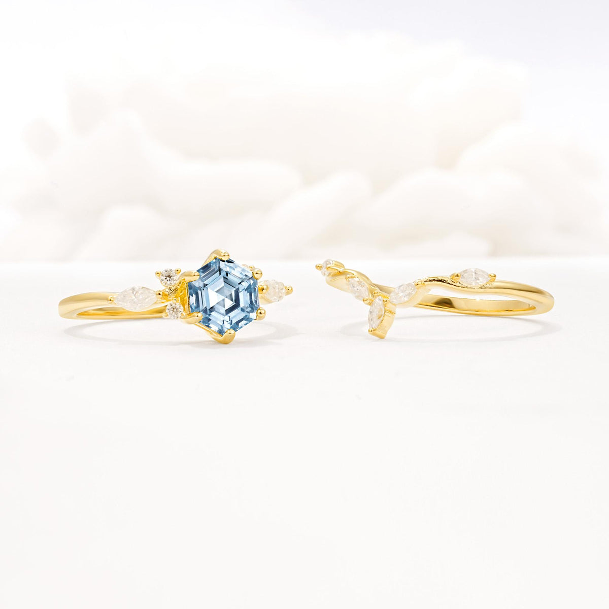 Nature-Inspired Hexagon Cut Aquamarine Engagement Ring Set - Additional view