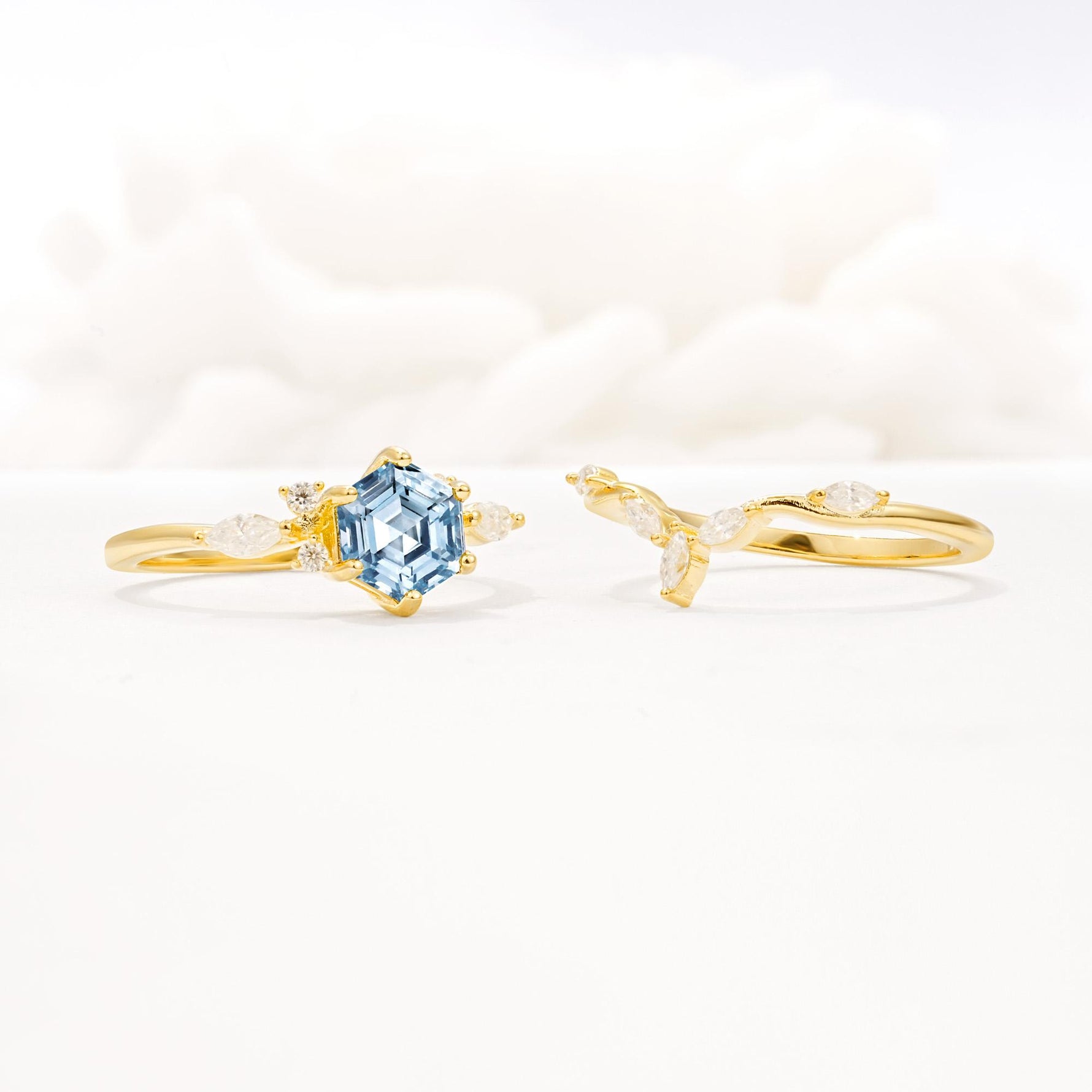 Nature-Inspired Hexagon Cut Aquamarine Engagement Ring Set - Additional view