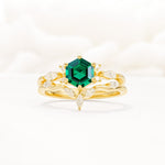 Nature-Inspired Hexagon Cut Emerald Engagement Ring Set - Yellow-Gold