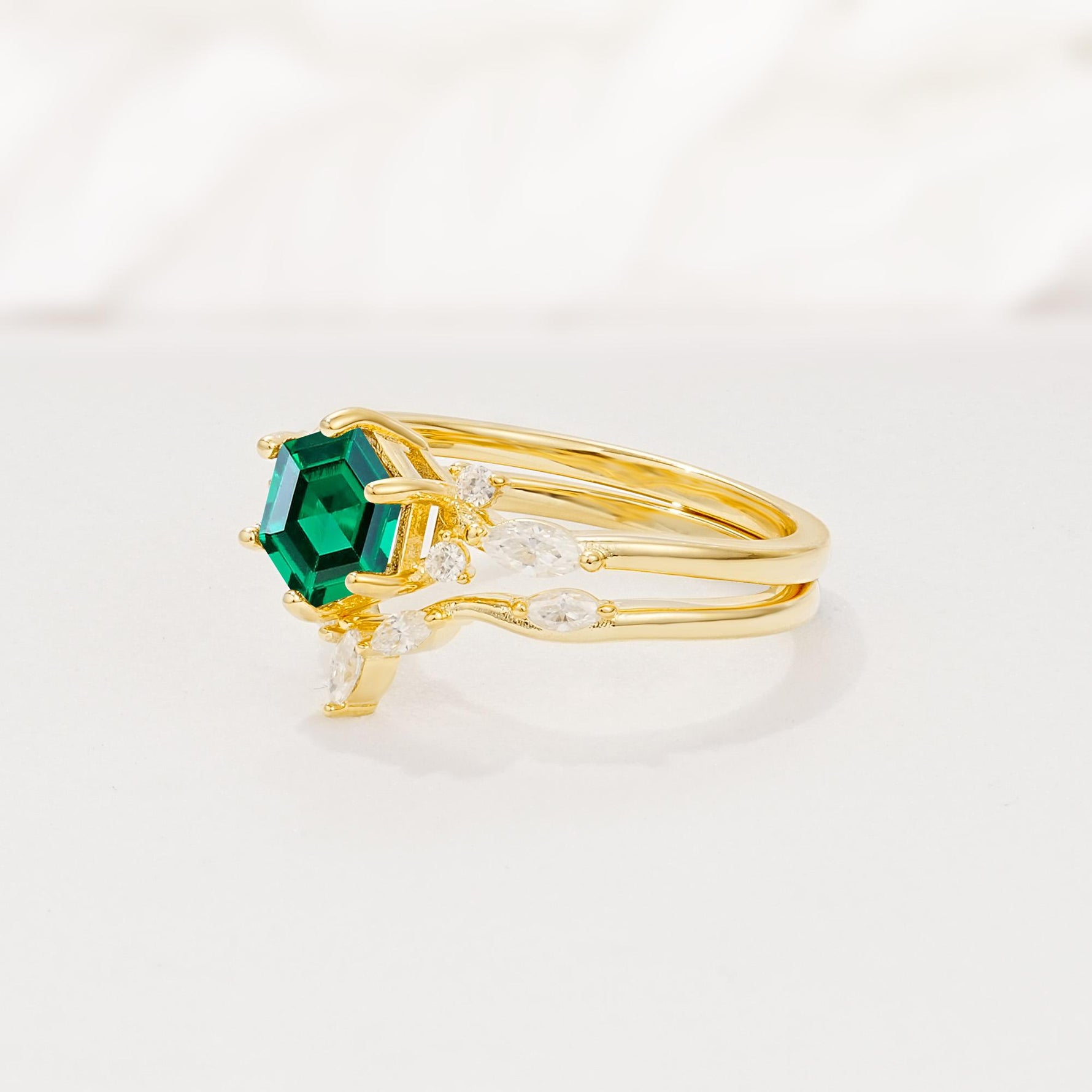 Nature-Inspired Hexagon Cut Emerald Engagement Ring Set - Rose-Gold