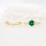 Nature-Inspired Hexagon Cut Emerald Engagement Ring Set - White-Gold